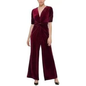 Vince Camuto Women's Velvet Twist-Front Jumpsuit Wide Legs Velour Wine Red sz 2